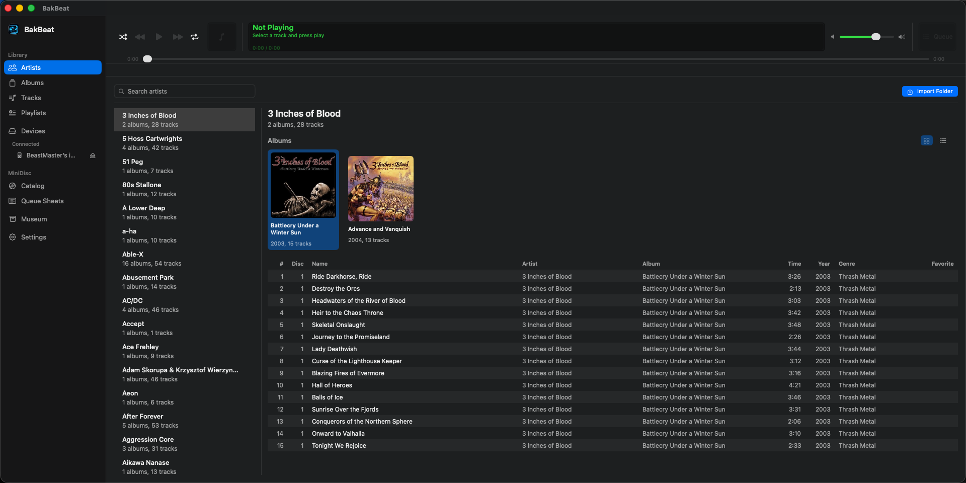 BakBeat Artists library on a Mac, with a dark sidebar and a connected iPod